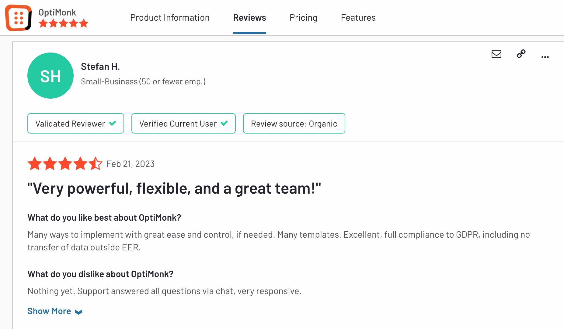 OptiMonk G2 review - 5 stars - Many ways to implement with great ease and control