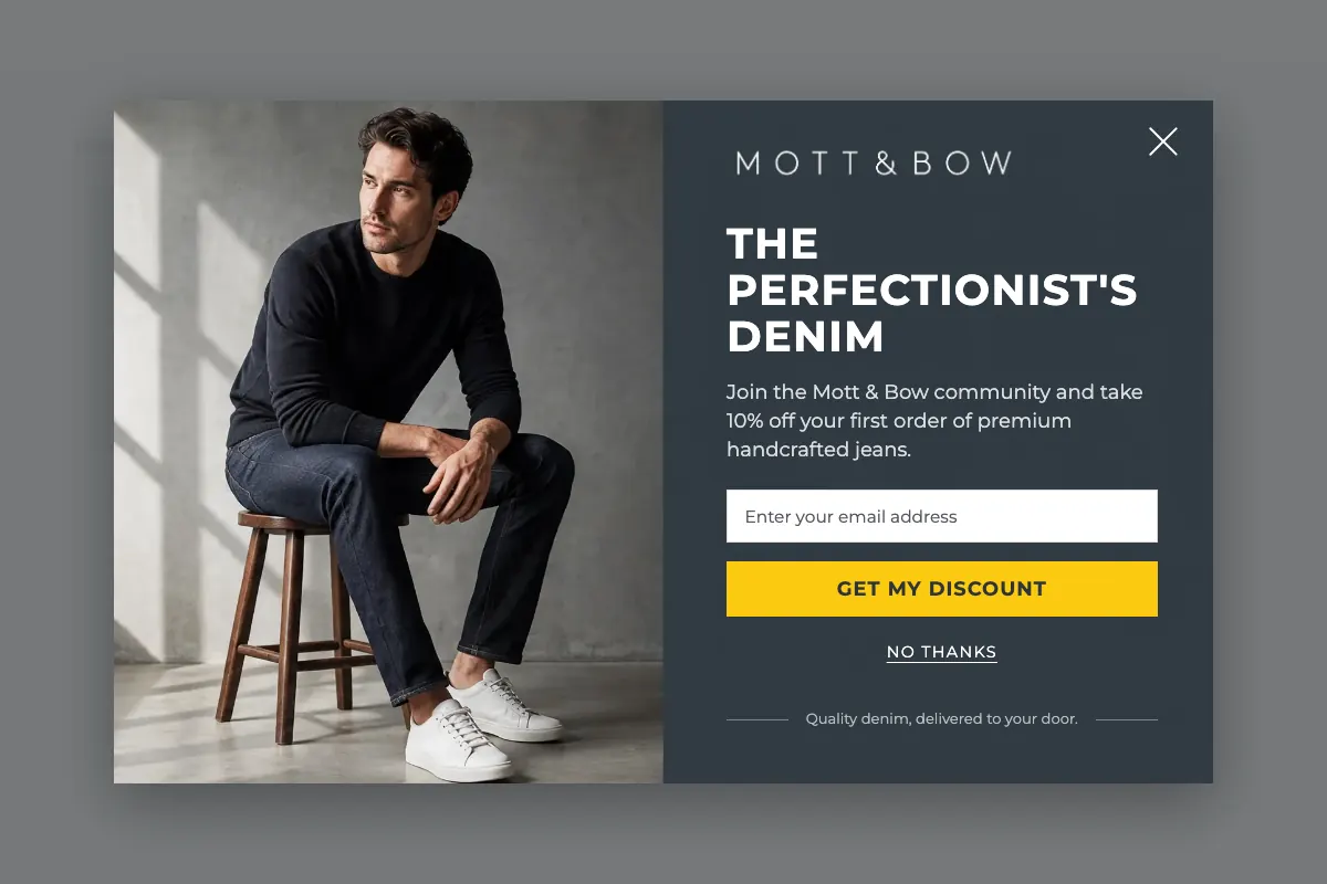 The email popup the agent built for mottandbow.com