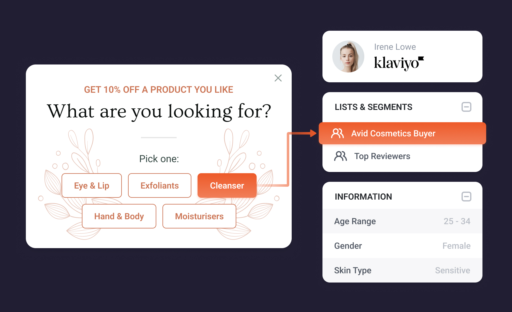 Zero-party data collection - quiz popup enriching Klaviyo profiles